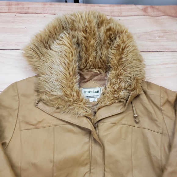 VINTAGE Fitzwright Jacket Womens Large Tan Leather Hooded Faux Fur Parka Coat - Picture 3 of 14